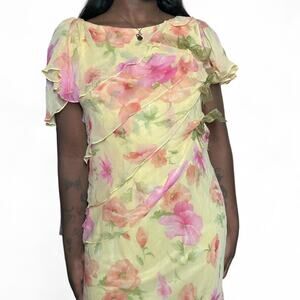 Cattina pastel yellowpink 100% silk ruffle midi dress